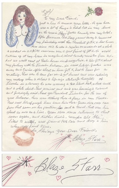 Blaze Starr Autograph Letter Signed -- Regarding a Tryst in the White House with JFK -- ''...I told J.F.K. about my fantasy with the Lincoln bedroom. He said lets go...''